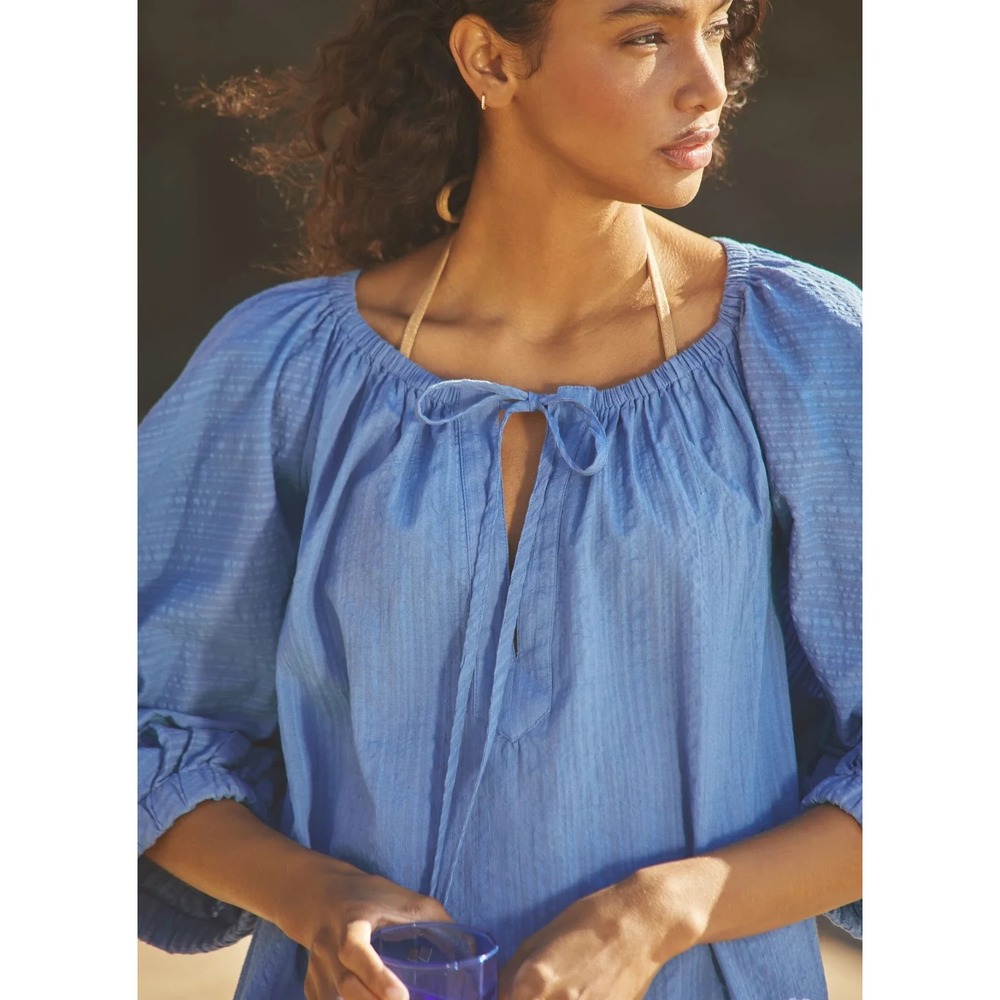 Anthropologie Off-the-Shoulder Mini Dress S Light Blue Cotton Summer Cover-Up